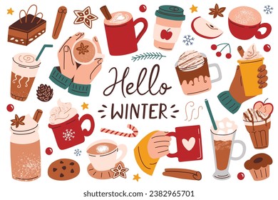 Cozy winter collection, hot drinks for cold weather, Christmas mood mugs, hand drawn set of latte and desserts, hands with cups, vector illustrations of drinks with cinnamon, hello winter lettering