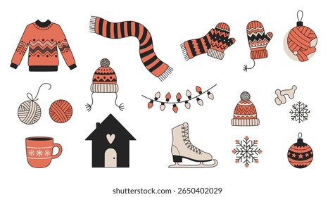 Cozy winter collection of warm clothing festive decorations and outdoor fun items