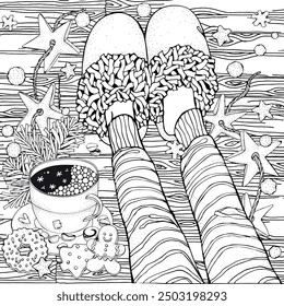 Cozy Winter Coloring Page with Slippers, Hot Chocolate, and Christmas Cookies – Detailed Festive Black and White Illustration. Zentangle patterns.