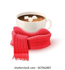 Cozy Winter Composition With Hand Knitted Red Scarf And White Cup Of Hot Chocolate Print Vector Illustration