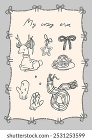 Cozy winter coquette card. Collection of cute holiday line art illustrations. Reindeer, mittens, a scarf, hot drink on light background with decorative border frame. Vector card