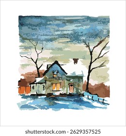 Cozy Winter Cottage Watercolor Illustration. Good for poster, book illustration, postcard, etc.
