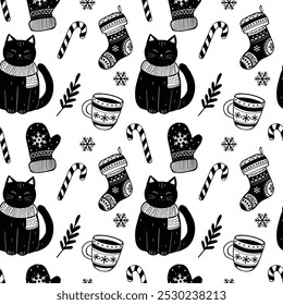 Cozy winter design with black cats, festive stockings, and warm holiday drinks. A charming winter design features playful black cats, bright stockings, and steaming mugs.