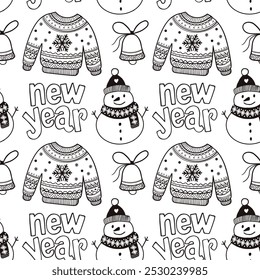 Cozy winter designs featuring festive sweaters, snowmen, and holiday bells in a cheerful pattern. Delightful illustrations of snowmen, holiday sweaters, and bells celebrating the new year.