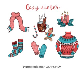Cozy winter doodle design elements. Hygge set. Christmas sweater, warm clothes, candles and sweets isolated. Cute hand drawn vector colorful illustration of knitted things with ornament. 