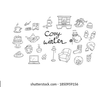 Cozy Winter Doodle set with lettering. Hand-drawn design elements. Warm winter accessories, sweets, cute cats and home furnishings. Vector sketch illustration isolated on a white background. 