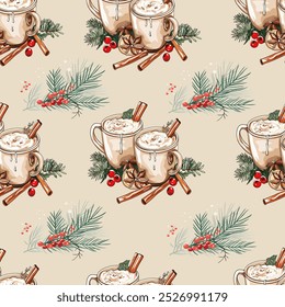 Cozy Winter Drinks with Cinnamon and Pine Branches Pattern. Christmas-Themed Hot Chocolate and Holiday Greens Pattern