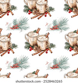 Cozy Winter Drinks with Cinnamon and Pine Branches Pattern. Christmas-Themed Hot Chocolate and Holiday Greens Pattern