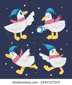 Cozy Winter Duck Illustrations Set with Warm Outfits and Snowy Background