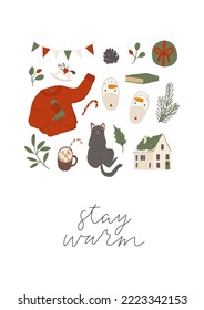 Cozy Winter element poster: cozy knitted sweater, garlands, house, cocoa cup, gift box, fir brunch. Merry Christmas, Happy New year holiday greeting card lettering. Isolated vector flat cartoon style