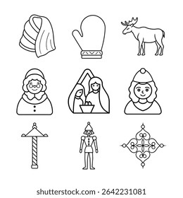 Cozy winter elements like warm blanket mitten moose Mrs Claus nativity scene noel north pole sign nutcracker and ornaments Vector line art on white background.