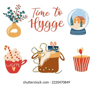 Cozy winter elements set. Candles, sweater berries and lettering. New Year and winter holiday symbols. Vector cute cartoon illustration. 