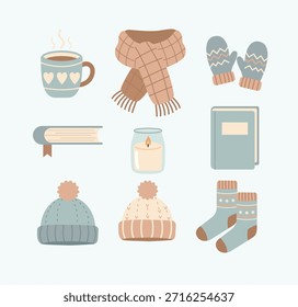 Acogedor conjunto de iconos de Essentials de invierno, ropa abrigada, bebida caliente, vela, comodidades de temporada. Un conjunto de iconos de artículos esenciales de invierno suave y pastel con ropa abrigada y artículos reconfortantes: taza de bebida caliente, bufanda, mitones, pila de libros, vela perfumada, diario, gorros de invierno y calcetines de punto. Diseñado en una paleta de colores suave y relajante con un estilo minimalista de ilustración plana. Perfecto para diseños con temática invernal, conceptos hygge, blogs de estilo de vida, papelería de temporada, marca de vacaciones, acogedoras gráficas para el hogar y contenido de redes sociales.