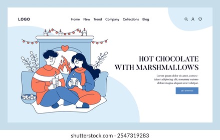 Cozy Winter Evening concept. Couple enjoying hot drinks by the fireplace. Warm home atmosphere, comfortable winter leisure, hot chocolate delight. Vector illustration.