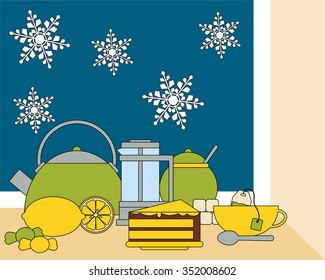 Cozy winter evening. Cup of tea and cake on the background of a window with snowflakes. Vector illustration