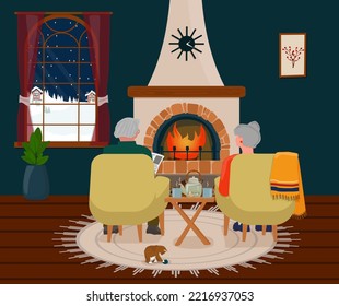 Cozy winter evening at home. An elderly couple is sitting by the fireplace and drinking tea. Vector illustration.