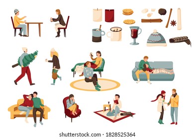 Cozy winter flat collection of isolated icons with people wearing warm clothes candles and drinks ingredients vector illustration