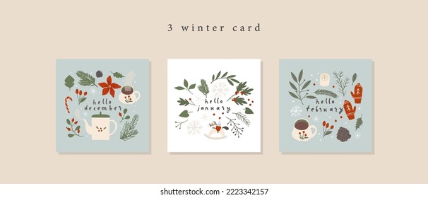 Cozy Winter floral poster set: tea cup, kettle, poinsettia flower, holly leaves, mistletoe berry. Perfect for Merry Christmas, Happy New year holiday greeting card. Isolated vector flat cartoon style