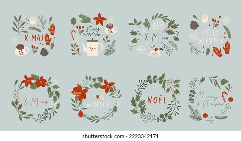 Cozy Winter floral wreath set: tea cup, kettle, poinsettia flowers, holly leaves, mistletoe berries. Perfect for Merry Christmas, Happy New year holiday greeting card. Isolated vector flat cartoon