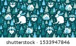 Cozy winter forest christmas pattern with hand drawn tree, cottage and snow bunny in blue and icy tones on dark blue background. Happy design for your perfect winter day and christmas season.