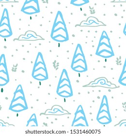 Cozy winter forest christmas pattern with hand drawn line art tree and doodle cloud in blue and icy tones on textured background. Happy design for your perfect winter day and christmas season.