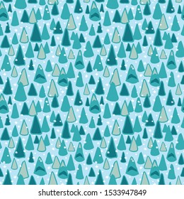 Cozy winter forest christmas pattern with hand drawn line art tree and doodle star in blue and icy tones on pastel background. Happy design for your perfect winter day and christmas season.