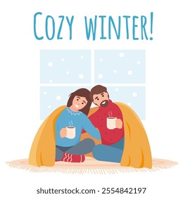 Cozy winter greeting card or banner. Happy man and woman with hot drink under warm blanket. Cozy Snowy winter season or cold weather at home with family concept. Vector characters vector illustration.