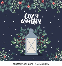 Cozy winter greeting lettering card with cute scandinavian style hand drawn illustration of lantern and eucalyptus and mistletoe branches. Merry Christmas and Happy new year banner