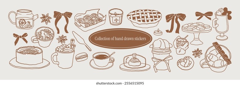 Cozy winter hand drawn sketches of food and drinks. Vector line chalk doodles for invitations, menus, greeting cards. Clipart ink elements. Hot chocolate, cocoa, marshmallows, pies, coffee, tea.	