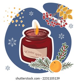 Cozy winter handmade candle, soy candle, natural coconut wax aromatherapy, handmade candle with essential oils, vector illustrations, isolated vector stickers set, candle winter spirit 