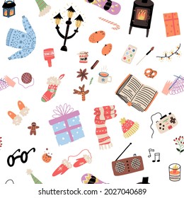 Cozy winter hobby, sport, holidays pastime seamless pattern. Traditional Christmas food, sweets and hot drinks, gift, stocking, fairy lights, book, knitted clothes, gamepad, potbelly stove, snowboard.