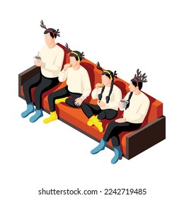 Cozy winter holiday evening with family sitting together on sofa eating cookies with hot cacao isometric vector illustration