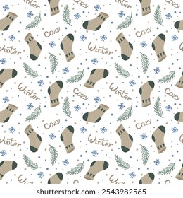 Cozy winter and holiday seamless pattern with stylized warm socks, decoration for wrapping, Christmas, textile, fabric, clothes