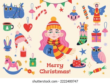 Cozy winter holiday set of Christmas design elements and girl, cartoon style. Cute hygge wearing, Xmas ornament, gifts and toys bundle. Trendy modern vector illustration, hand drawn, flat