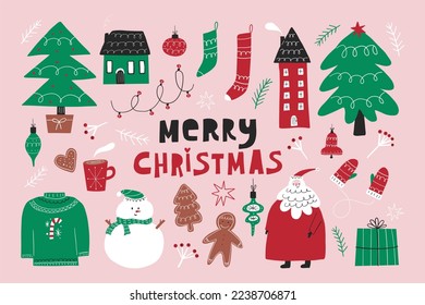 Cozy winter holiday set of Christmas design elements. Cute hygge wearing, Santa Claus, gifts, tree and gingerbread bundle. Colored flat vector illustrations isolated on white background