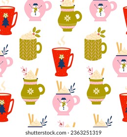 Cozy winter hot beverages seamless pattern, background. Coffee, chocolate, marshmallow, cocoa. Christmas and New Year mugs and cups with branches, berries and flowers. Retro vintage nostalgia.