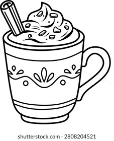 Cozy winter hot cocoa or coffee mug with whipped cream toppings and a cinnamon stick, hand drawn doodle vector illustration. Single patterned cup in outline style isolated on white background. Perfect for cafe menus, coffee shop branding, and coloring pages.