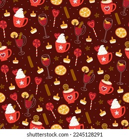 Cozy winter hot drinks pattern on red background, mulled wine and hot cacao with cinnamon