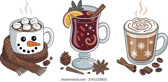 Cozy winter hot drinks vector illustration set featuring marshmallow cocoa, mulled wine with spices, and creamy latte in festive mugs