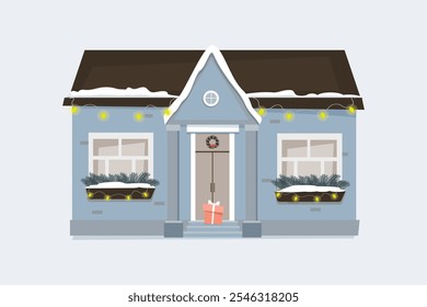 Cozy winter house in the New Year's style. Christmas vector flat illustration, cartoon style. Winter poster, sticker. Badge, icon decoration for postcards, prints, posters, etc.