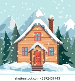 Cozy winter house in a snowy forest. Cartoon vector illustration. Happy New Year greeting card. Winter season.