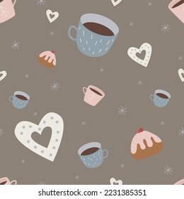 cozy winter hugge pattern with cups and cakes for wrapping paper