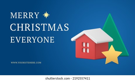 Cozy winter hut with star Merry Christmas congrats web banner realistic 3d icon vector illustration. Happy New Year congratulations festive event holiday eve triangle pyramid abstract green spruce