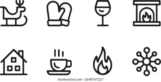 Cozy Winter Icons Set Simple Line Drawings of Holiday Elements and Seasonal Comforts Depicted in a Clean Aesthetic