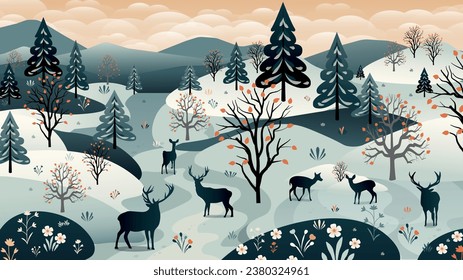 Cozy winter illustration with deers, fir tree and snow-covered trees, winter background, christmas mood