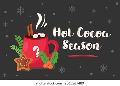 A cozy winter illustration featuring a steaming red mug of hot cocoa with marshmallows, cinnamon sticks, and festive decorations. Perfect for holiday cards, posters, and seasonal designs.