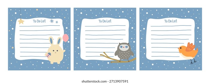 Cozy winter illustration for notes. To Do List. Blue background with falling snowflakes and gray owl sitting on tree branch. Christmas, New Year. Winter forest. Space for text, note, notebook. Memo.