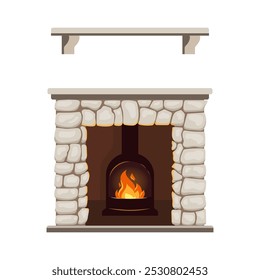 Acogedora hoguera interior de invierno o hogar con chimenea. Chimenea clásica de piedra, llamas ardientes que invitan al fuego caliente. Chimenea casera para la comodidad y la relajación. Ilustración plana de Vector