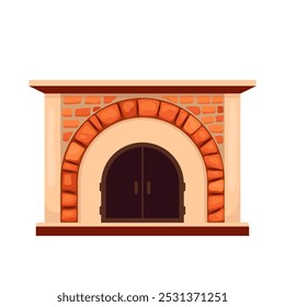 Cozy winter interior bonfire or hearth with red brick arch and iron doors. Classic fireplace made of stone in old house. Home fireplace for comfort and relaxation. Vector flat illustration