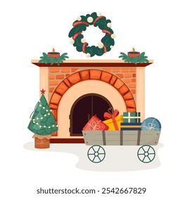 Cozy winter interior bonfire with red brick arch and iron doors decorated for winter holidays Christmas fireplace with wreath, gifts, candles inviting warm fire Classic hearth vector flat illustration